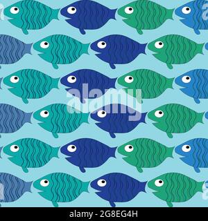 Nahtloses Muster mit bemalten bunten Fischen. Kann für Tapeten, Textilien, Verpackungen, Karten, Bezüge verwendet werden. Kleine bunte Fische auf einem blauen Hintergroun Stock Vektor