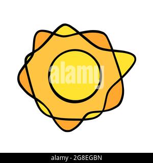 Handgezeichnete gelbe Sonne. Bunt leuchtende Sonne mit Balken im Doodle-Stil. Schwarz-Weiß-Vektorgrafik isoliert auf weißem Hintergrund Stock Vektor