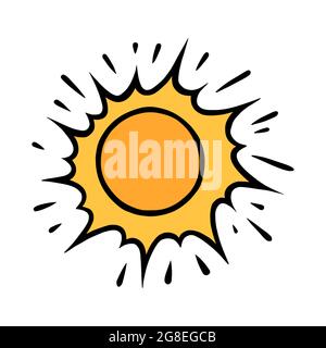 Handgezeichnete gelbe Sonne. Strahlende Sonne mit Balken im Doodle-Stil. Schwarz-Weiß-Vektorgrafik isoliert auf weißem Hintergrund Stock Vektor
