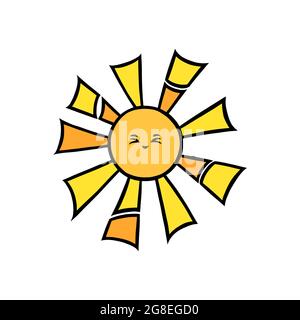 Süße Sonne mit Augen und Lächeln. Gelbes, sonnenlächelndes Gesicht im Doodle-Stil. Schwarz-Weiß-Vektorgrafik isoliert auf weißem Hintergrund Stock Vektor
