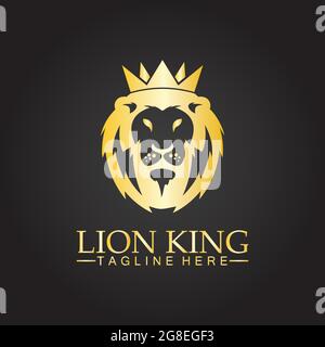 König der Löwen Logo Vektor Illustration Design.Gold Löwe König Kopf Zeichen Konzept isoliert schwarzen Hintergrund Stock Vektor