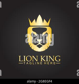 König der Löwen Logo Vektor Illustration Design.Gold Löwe König Kopf Zeichen Konzept isoliert schwarzen Hintergrund Stock Vektor