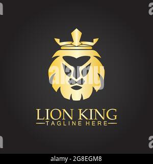 König der Löwen Logo Vektor Illustration Design.Gold Löwe König Kopf Zeichen Konzept isoliert schwarzen Hintergrund Stock Vektor