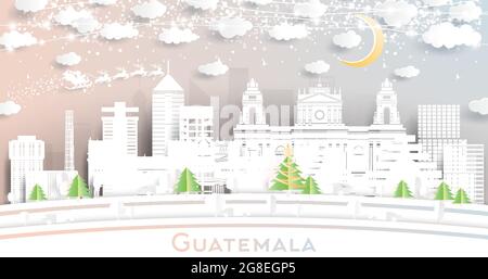 Skyline von Guatemala City im Paper Cut Style mit Schneeflocken, Mond und Neon Girlande. Vektorgrafik. Weihnachts- und Neujahrskonzept. Stock Vektor