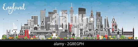 Skyline von England mit grauen Gebäuden und blauem Himmel. Vektorgrafik. Konzept mit historischer Architektur. Stadtbild von England mit Wahrzeichen. Stock Vektor