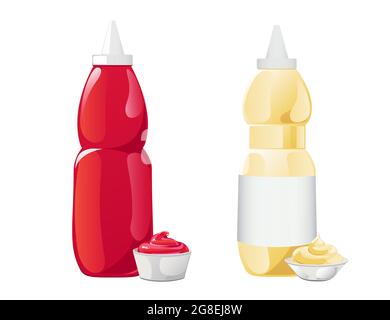 Ketchup und Mayonnaise in den Flaschen mit Etikett-Set. Vektor-Illustration im flachen Cartoon-Stil. Stock Vektor