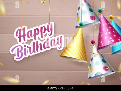 Alles gute zum Geburtstag Party Hüte Vektor-Design. Happy Birthday Grußtext in papiergeschnittenem Dekor mit buntem hängendem Partyhut und Konfetti-Elementen für das Kind. Stock Vektor
