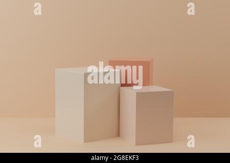 3d-Rendering von geometrischen Würfel Form Podium auf pastellfarbenen beigen Hintergrund. Sockel für Produktpräsentation, 3d-Illustration Stockfoto
