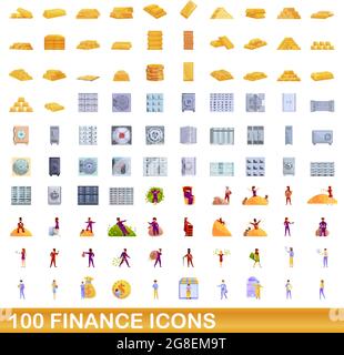 100 Symbole für Finanzen festgelegt. Cartoon Illustration von 100 Finanz-Symbole Vektor-Set isoliert auf weißem Hintergrund Stock Vektor