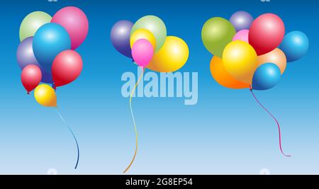 Farbenfrohe 3 Luftballons fliegen tagsüber unter Wolken am blauen Himmel im Sonnenlicht Stock Vektor