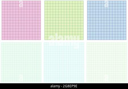 Diagrammpapier auf blauem, grünem, rot kariertem Hintergrund. Quadratischer Papierbogen. Bedruckbares Rasterpapier mit Farblinien für Schule, Technik Stock Vektor