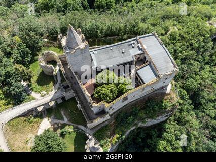 Luftaufnahmen der Rudelsburg in Sachsen-Anhalt Stockfoto