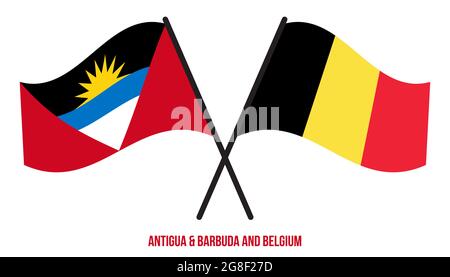 Antigua & Barbuda und Belgien Flaggen gekreuzt und winken Flat Style. Offizieller Anteil. Korrigieren Sie Die Farben. Stock Vektor