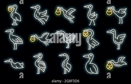 Storchensymbole eingestellt. Umreiß Set von Storch Vektor-Icons Neonfarbe auf schwarz Stock Vektor