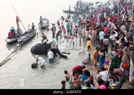 Elefanten werden auf der Sonpur Fair, der größten Tierverkaufmesse Asiens, im Fluss Ganda gebadet und gereinigt. Die Messe ist mehr als tausend Jahre alt. Stockfoto