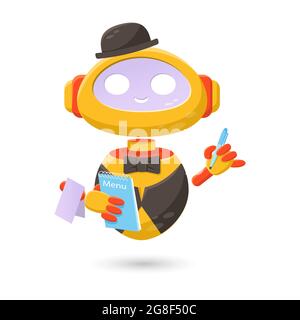 Ein netter Chuck bot-Roboter, der im Schnittstellenfenster erscheint, um Benutzerfragen zu beantworten. Vektor-Illustration im Cartoon-Stil, isoliert flach, Banner, log Stock Vektor