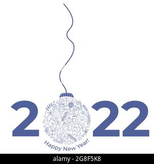 2022. Weihnachtsbaumkugel. Frohes neues Jahr. Vektorgrafik. Datum des Jahres und eine Kugel aus linearen Kritzeleien des Neujahrsbaums, Kerzen Stock Vektor