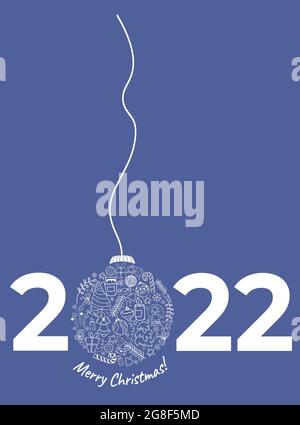 2022 Weihnachtsbaumkugel. Frohe Weihnachten. vertikale Vektordarstellung. Datum und eine Kugel aus linearen Kritzeleien des Neujahrsbaums, Kerzen, Karamell Stock Vektor