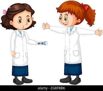 Zwei Wissenschaftler Mädchen Zeichentrickfigur reden sich gegenseitig Illustration Stock Vektor