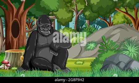 Gorilla in Wald- oder Regenwald-Szene mit vielen Bäumen Illustration Stock Vektor
