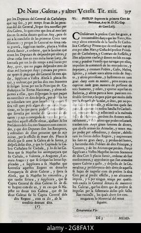 Constituciones y otros Derechos de Cataluña (Konstitutionen und andere Rechte Kataloniens), zusammengestellt aus den Corts von König Philipp IV. Erster Band. Gedruckt im Haus von Joan Pau Marti und Joseph Llopis Estampers, 1704. Drittes Buch. Über die Konstitutionen Kataloniens. Auf Schiffen, Galeeren und anderen Schiffen. Titel XXIV. Philipp II. Von Aragon (1598-1621), der 1599 den ersten Gerichten von Barcelona vorstand. Historische Militärbibliothek von Barcelona, Katalonien, Spanien. Stockfoto