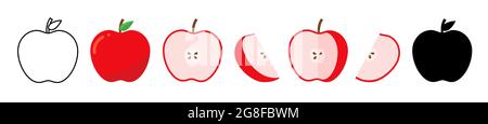 Set von roten Apfel ganz und reif. Apfel halbieren und schneiden. Stock Vektor