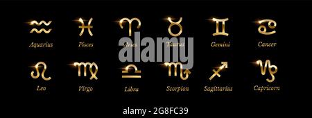 Goldene Sternzeichen mit Namen auf schwarzem Hintergrund. Astrologie Symbole und Horoskop Vektor Illustration. Glänzendes Metall wassermann, fische, widder, Taurus Stock Vektor
