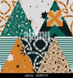 Nahtloses Vektormuster mit Dreieck-Patchwork auf weißem Hintergrund. Vintage geometrische Quilt Tapete Design. Dekorative Zigeunermode Textil. Stock Vektor