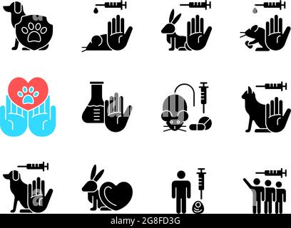 Keine Tierversuche schwarze Glyphen-Symbole auf weißem Raum gesetzt Stock Vektor