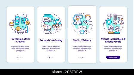 Selbstfahrende Autos Profis Onboarding mobile App Seite Bildschirm. Stock Vektor