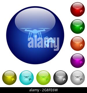 Symbole zur Steuerung von Drohnen auf runden Glasknöpfen in mehreren Farben. Angeordnete Ebenenstruktur Stock Vektor