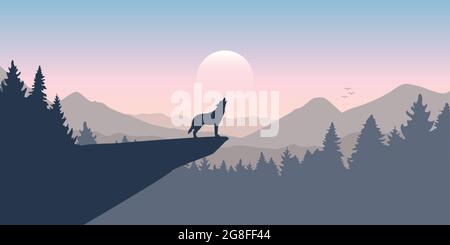 wolf heult zum Vollmond im Wald auf der Berglandschaft Stock Vektor