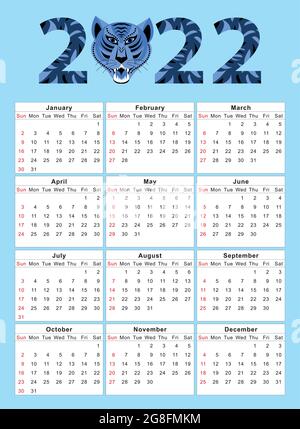 Kalender 2022 Corporate Design Vorlage Vektor. Frohes neues Jahr Tiger 2022 Stock Vektor