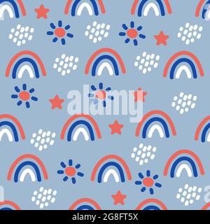 Nahtloses Boho-Muster mit Regenbogen, Sternen, Regen und Sonne für Textilien und Stoffe. Skandinavischer Druck. Sommer Tapete, Hintergrund Stock Vektor