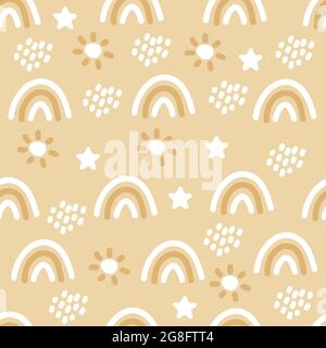 Nahtloses Boho-Muster mit Regenbogen, Sternen, Regen und Sonne für Textilien und Stoffe. Skandinavischer Druck. Sommer Tapete, Hintergrund Stock Vektor