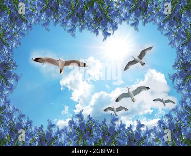 3d-Hintergrund, blauer Himmel fliegende Möwe Stockfoto