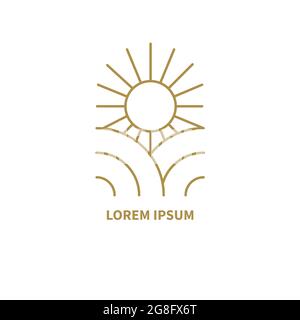 Lineares Logo im Bohemian Retro-Stil mit Sonne und Feldern. Minimalistische Linie goldene minimalistische geometrische Ikone im Boho-Stil Stock Vektor