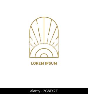 Lineares Logo im Bohemian Retro-Stil mit Sonne. Minimalistische Linie goldene minimalistische geometrische Ikone im Boho-Stil Stock Vektor