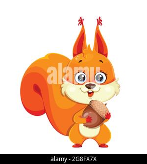 Nette flauschige Eichhörnchen hält Eichel, lustige Cartoon-Charakter. Vektordarstellung auf weißem Hintergrund isoliert Stock Vektor