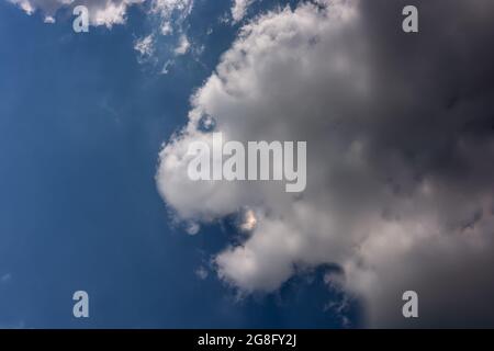 Wolken in Form eines Löwenkopfes gegen einen blauen Himmel. Stockfoto