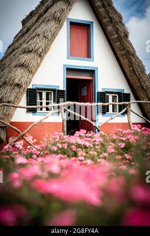 Traditionelles Reethaus in den blühenden Wiesen, Santana, Insel Madeira, Portugal, Atlantik, Europa Stockfoto