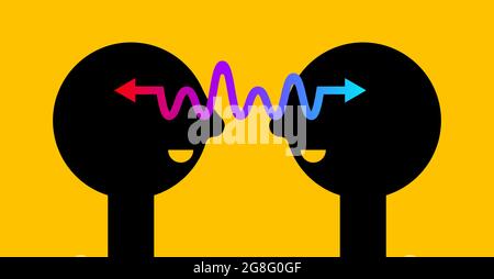Erläuterung des Symbols. Gesprächskonzept. Kommunikationslogo. Psychotherapie-Zeichen. Zwei Profile und ein Pfeil. Psychologisches Symbol Stock Vektor