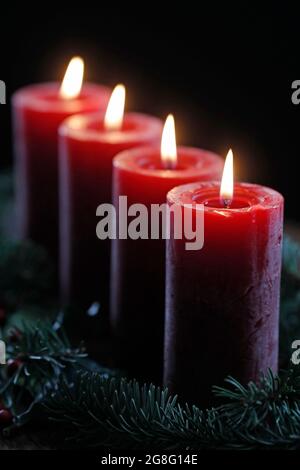 Natürlicher Adventskranz oder Krone mit vier brennenden roten Kerzen, Weihnachtskomposition, Frankreich, Europa Stockfoto