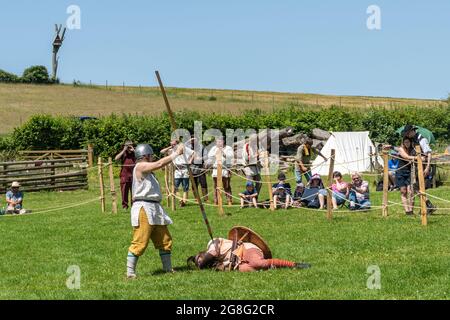 Herigeas Hundas, eine Schlachtausstellung der angelsächsischen Reenactment Society im archäologischen Freilichtmuseum Butser Ancient Farm in Hampshire, England, Großbritannien Stockfoto