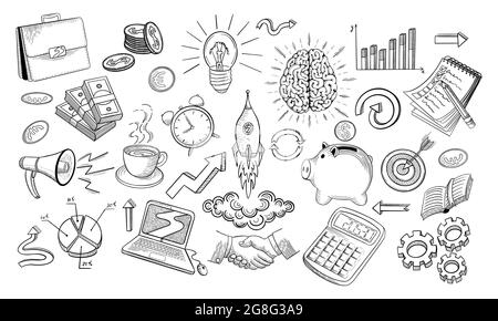Skizzensammlung für Geschäftsidee. Schwarze Kritzeleien im skizzenhaften Vintage-Stil auf weißem Hintergrund. Vektorgrafik. Stock Vektor