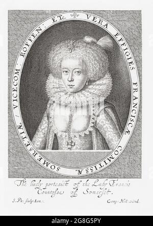 Frances Carr, Gräfin von Somerset, 1590 - 1632. Die Gräfin und ihr Mann wurden in einem berühmten Skandal während der Regierungszeit von König James I. des Mordes schuldig gesprochen.nach einem Druck von Simon van de Passe aus dem frühen 17. Jahrhundert. Stockfoto