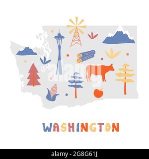 USA-Kartensammlung. Staatssymbole und Natur auf grauer Staatssilhouette - Washington. Cartoon-Stil für den Druck Stock Vektor