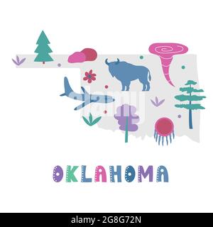 USA-Kartensammlung. Staatssymbole und Natur auf grauer Silhouette - Oklahoma. Cartoon-Stil für den Druck Stock Vektor