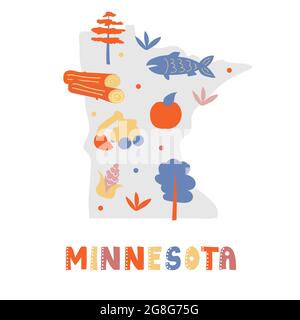 USA-Kartensammlung. State Symbole und Natur auf grauen Zustand Silhouette - Minnesota. Cartoon-Stil für den Druck Stock Vektor
