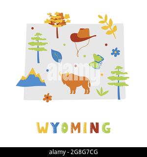 USA-Kartensammlung. Staatssymbole und Natur auf grauer State Silhouette - Wyoming. Cartoon-Stil für den Druck Stock Vektor